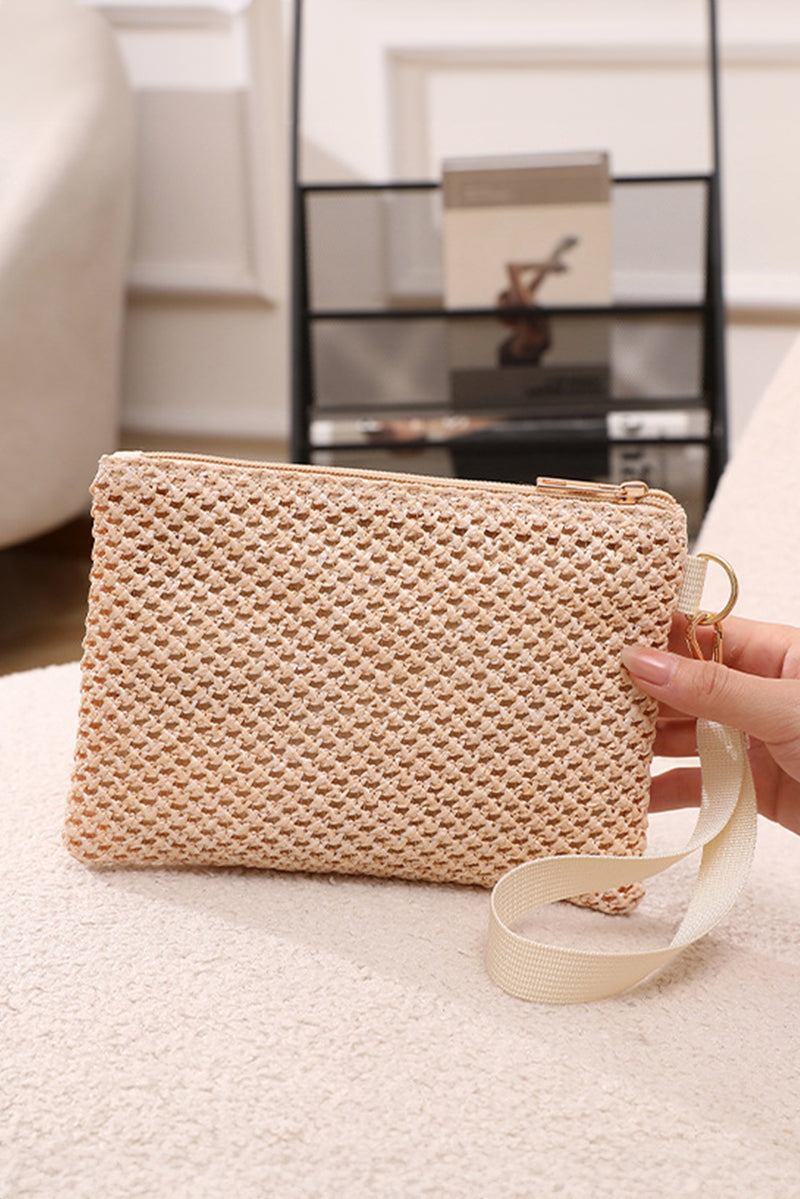 Beige Woven Zipper Wrist Strap Square Handbag