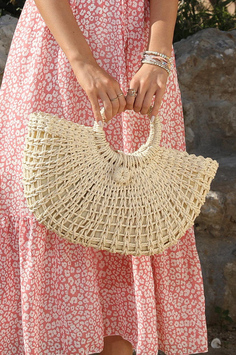 Beige Bamboo Weaving Semicircle Tote Handbag