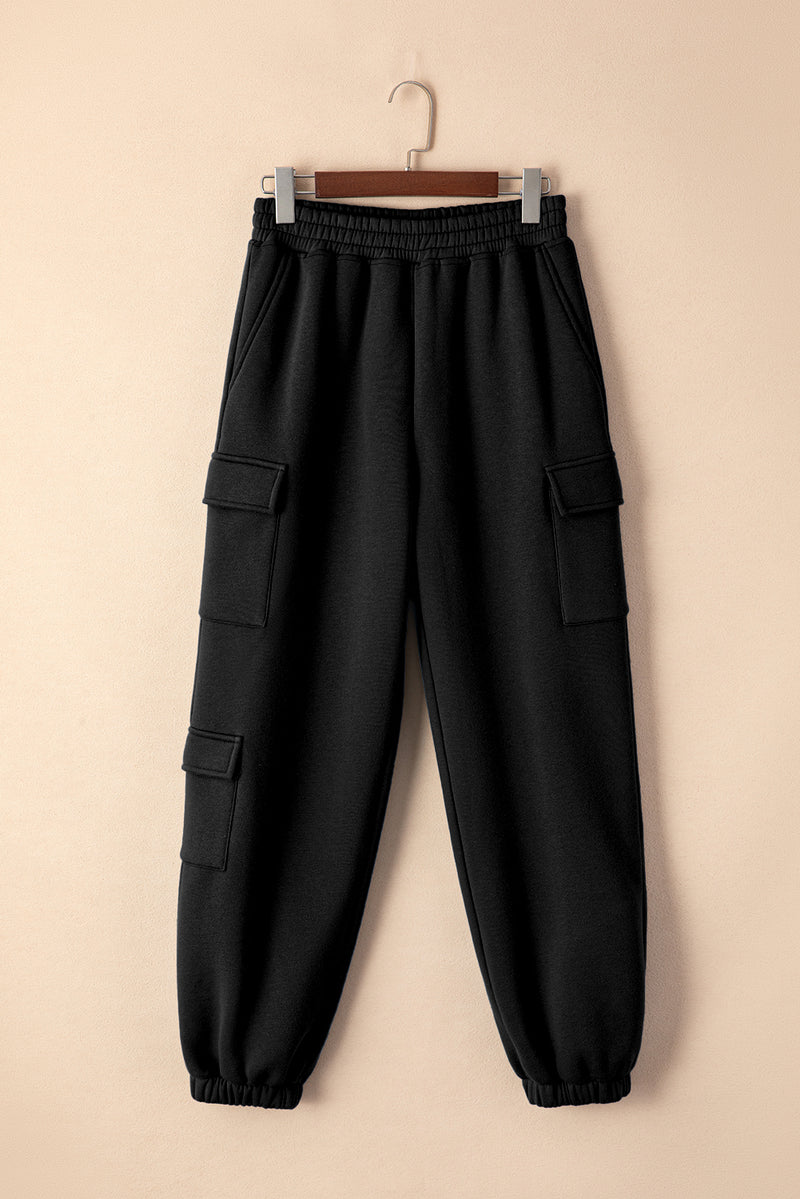 Black Solid Multi Pockets Elastic High Waist Active Pants