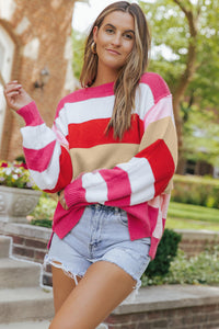 Fiery Red Mix Horizon Stripes Dolman Sleeve Sweater