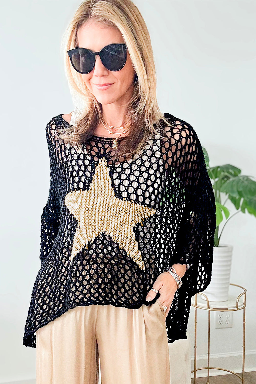 Black Star Graphic Crochet Knitted Summer Sweater Top