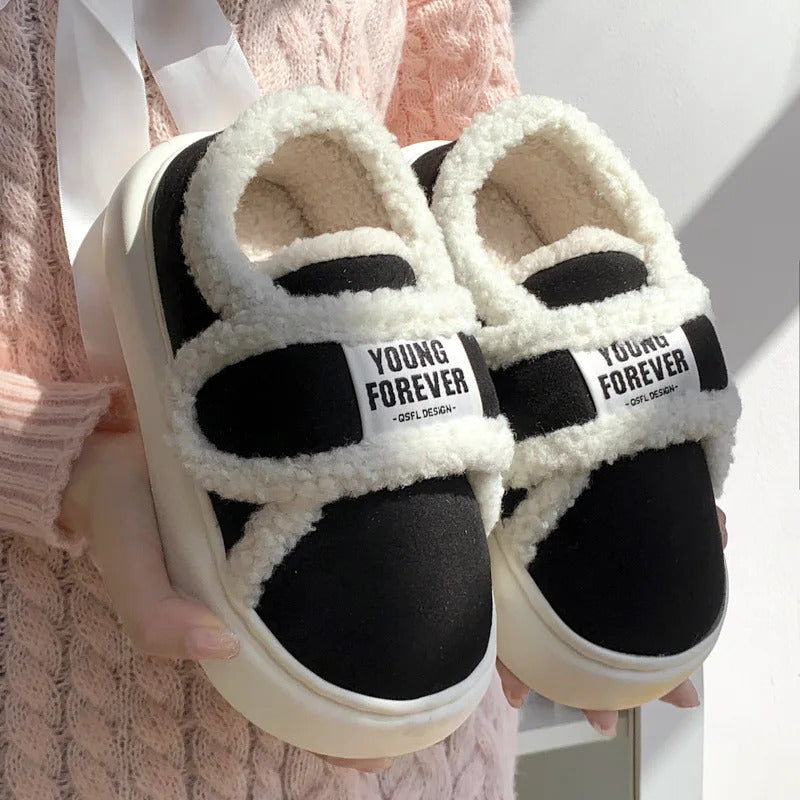 Warm Cotton Slippers Women Men Winter Platform Shoes Soft Plush Thick Sole Couples Indoor Home Floor Footwear With Heels