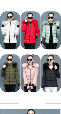 Zipper Fur Hooded Short Down Cotton Jacket Thickened Coat Fall Winter Casual Elegant Long Sleeve Warm Pockets Women Clothing New