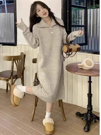 "A · Fashion" Autumn and Winter Knitted dress Polo Collar Loose Mid-Length French sle Dress