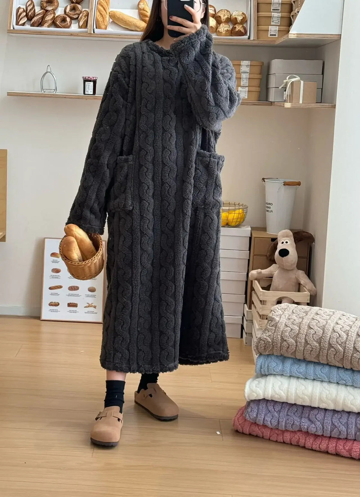 Winter Long Sleeve Double Pocket Flannel Nightgowns Women Loose Solid Sleepwear Jacquard Night Dress Thickened Warm Nightdress