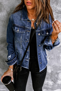 Blank Apparel - Blue Lapel Distressed Raw Hem Buttons Denim Jacket