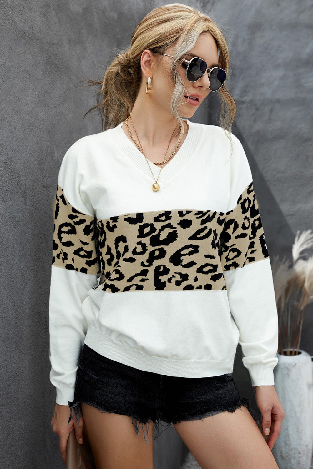 Black Leopard Colorblock V Neck Knit Sweater