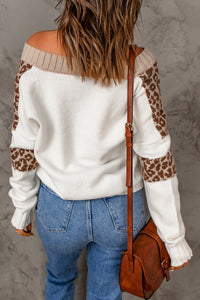 Leopard Splicing Off Shoulder Pullover Sweater