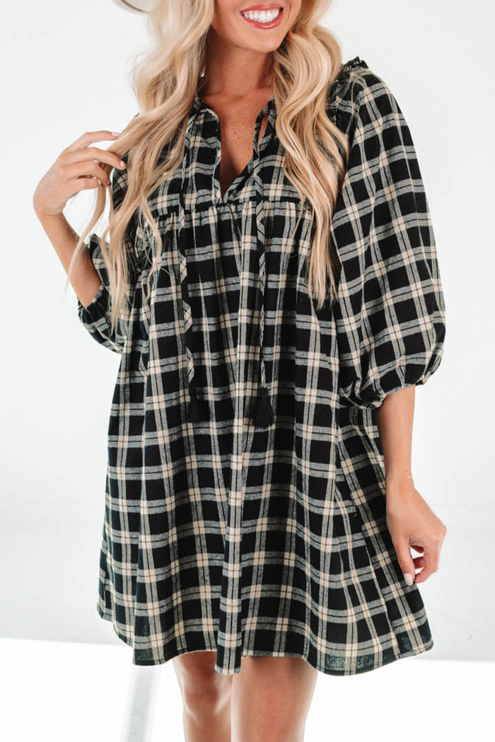 Black Plaid Print Notched Neck Puff Sleeve Babydoll Dress