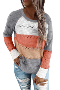 Wine Accent Knitted Color Block Long Sleeve Crew Neck Sweater