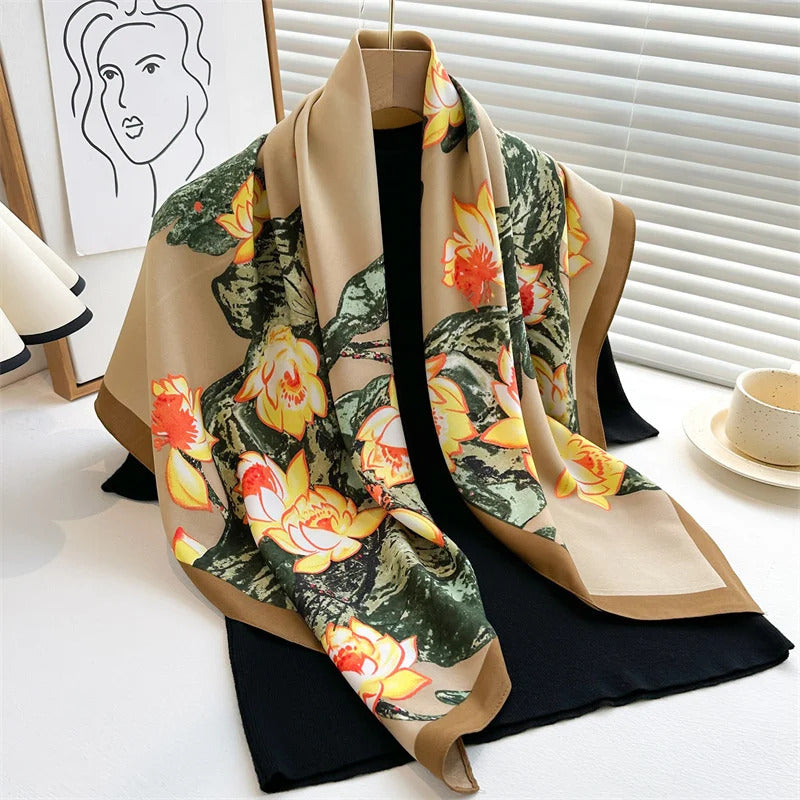 90*90Cm Square Scarf Twill Silk Feeling Women Head Shawls and Wraps Luxury Hair Tree Print Neck Scarves Hijab Bandana Pashmina