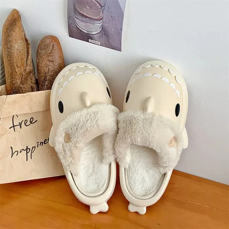 Shark Cotton Slippers Woman Waterproof Winter Indoor Non-slip Slides  Shark Flip Flops Plush Warm Couple Home Sandals Flat Shoe