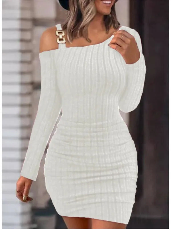 Sexy Chain Off Shoulder Mini Dress Women Autumn Fashion Bodycon Long Sleeve Dresses For Women Winter Skinny Knitted Vestidaos