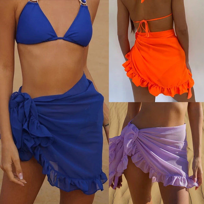 Women Chiffon See-Through Beach Bikini Cover Up Wrap Scarf Swimwear Pareo Sarong Dress Solid Ruffle Casual Beach Dress Decorate