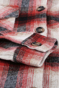 Fiery Red Turn down Neck Plaid Pocket Button Closure Coat