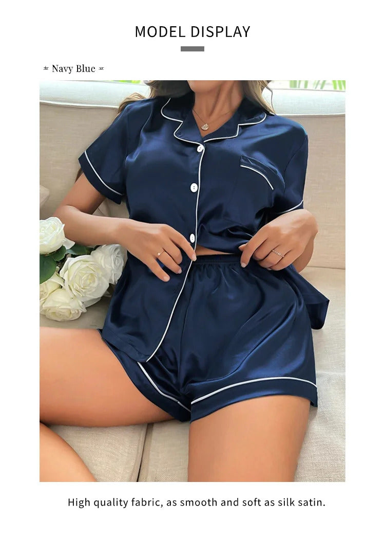 Summer Silk Satin Women Pajamas Set Button Down Top & Shorts 2 Pieces Sleepwear Notched Collar Nightwear Loungewear for Women