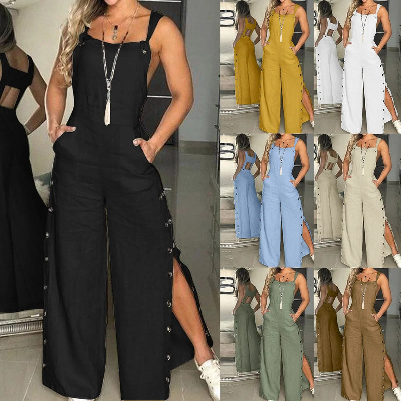 Summer Fashion Womens Sleeveless Jumpsuit Rompers Ladies Solid Wide Leg Button Openings Long Trousers Suspenders Overalls Pocket