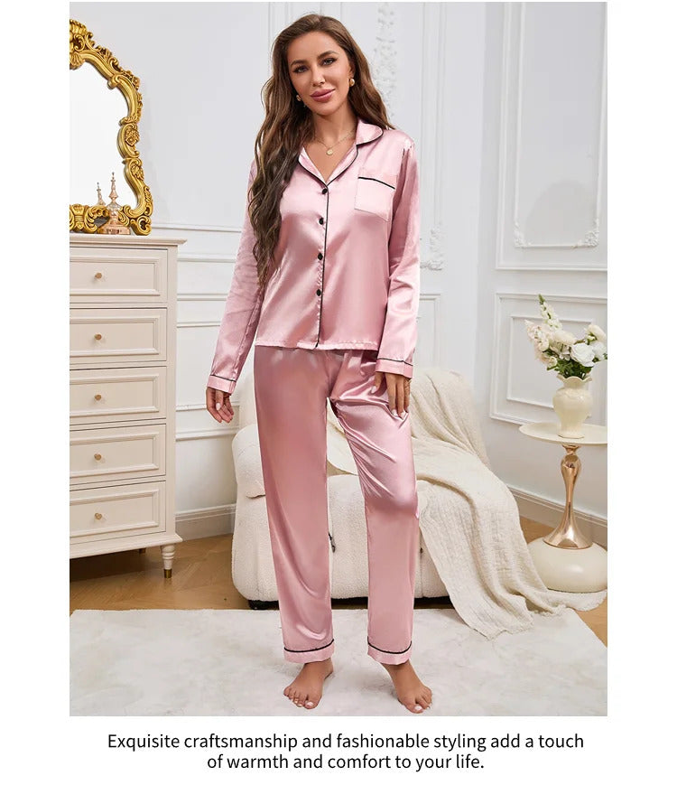 Women's Pajamas Autumn Luxurious Solid Satin Long Sleeve Pajama Set Elegant Lapel Collar Top & Long Pants Sleepwear & Loungewear