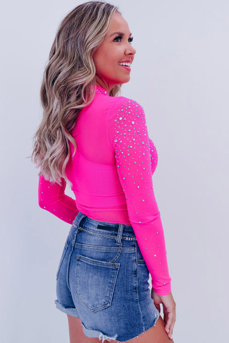 Rose Rhinestone Mesh Long Sleeve Bodysuit