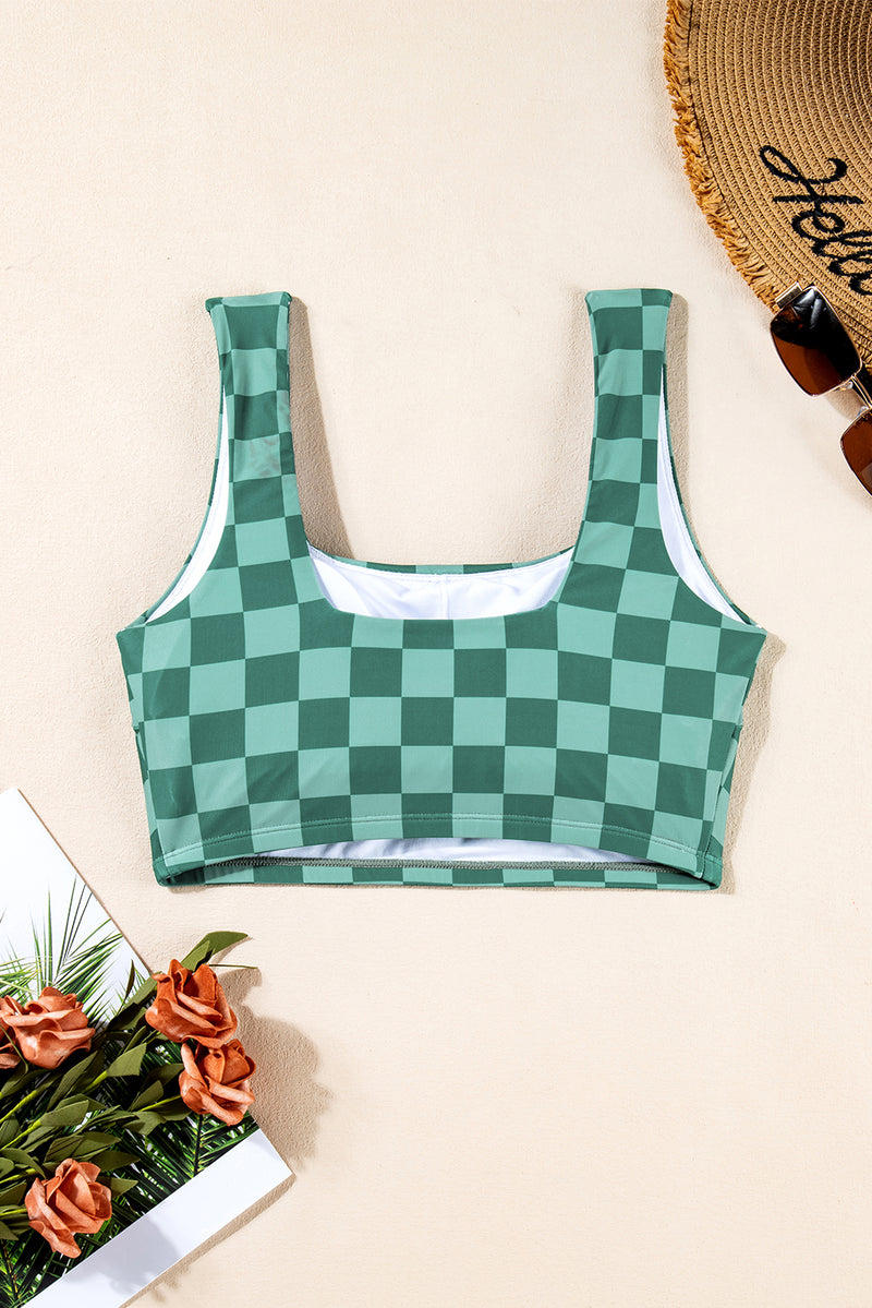 Green Checkered Print Square Neck Cropped Swim Top