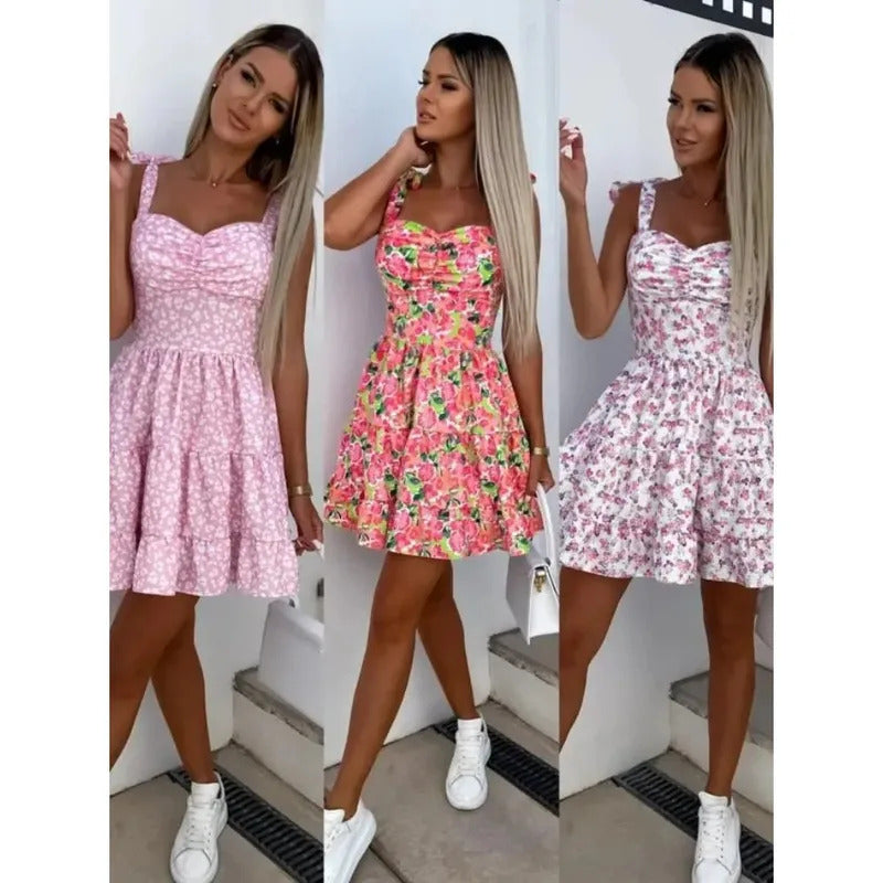 2024 Womens Strappy Short Swing Sun Dresses Ladies Summer Bohemian Floral Print Beach Mini Floral Skater Dress