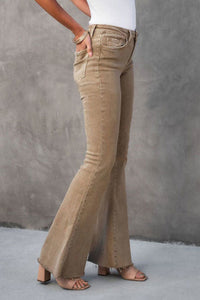 Khaki Raw Hem High Waist Flare Jeans