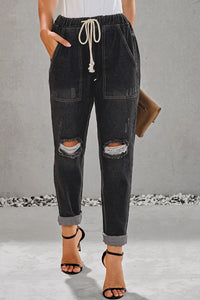 Black Gather Round Distressed Pocketed Denim Jogger