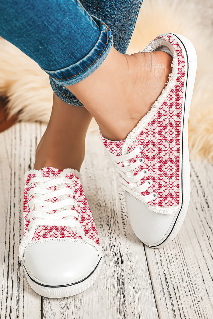 Strawberry Pink Snowflake Printed Frayed Lace-up Slip-on Shoes