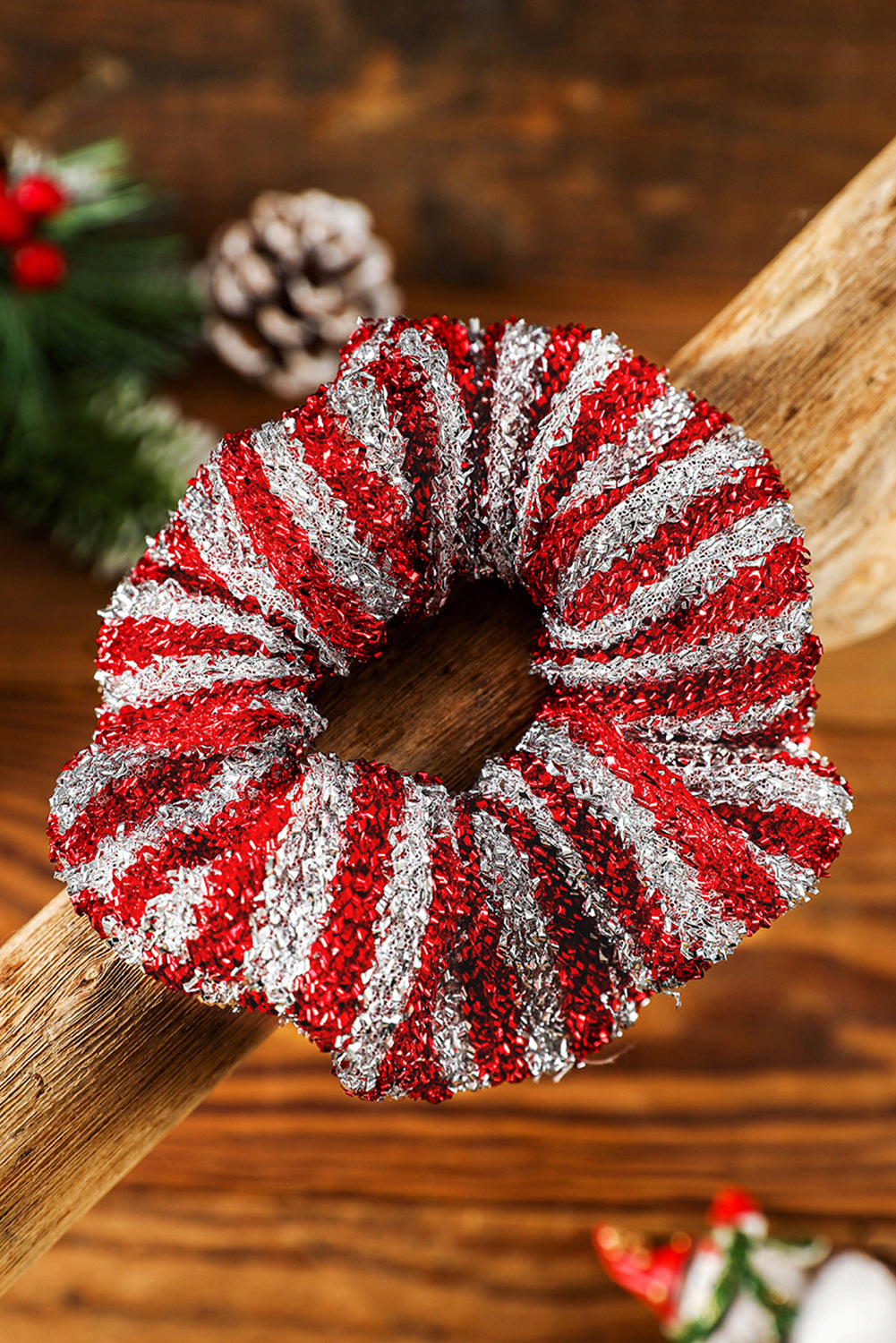 Fiery Red Glitter 2-tone Stripes Christmas Hair Tie