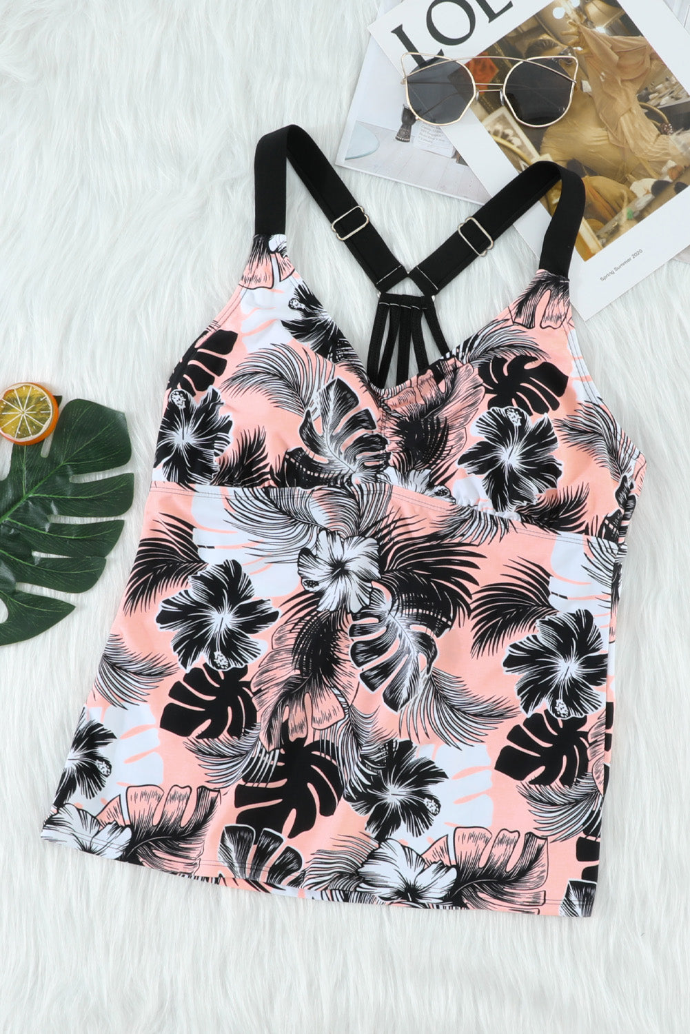 Pink Floral Printed Strappy Racerback Tankini Swim Top