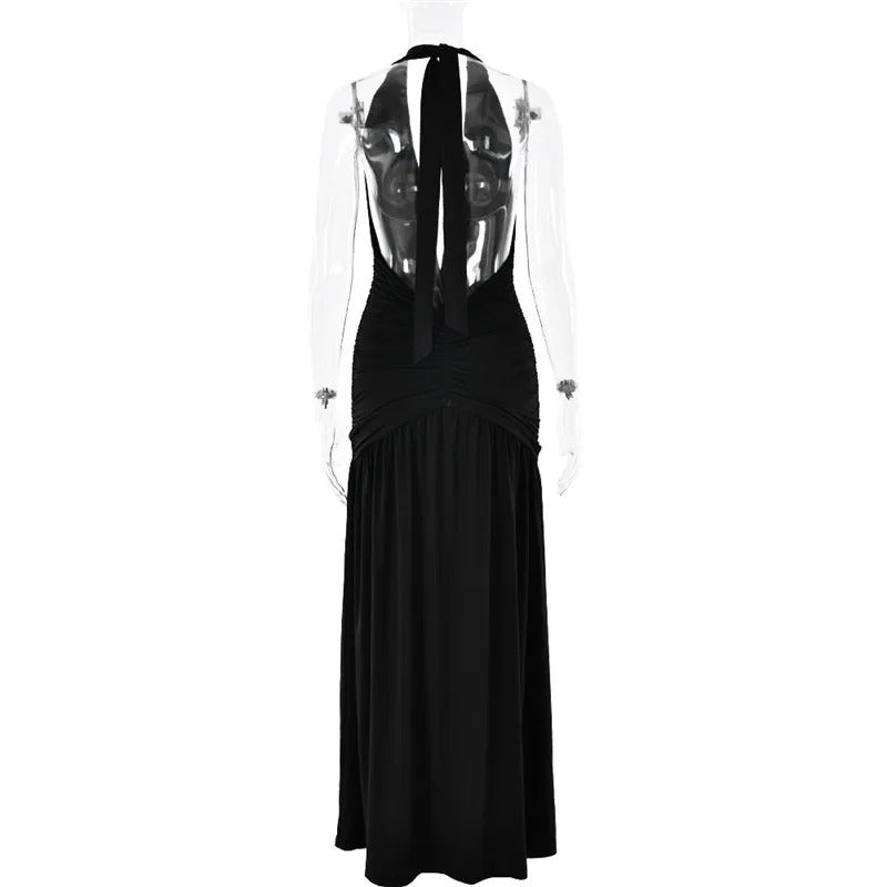 Mozision Halter Deep V Neck Backless Maxi Dress For Women Fashion Solid Sleeveless Thigh High Split Sexy Long Dress Elegant