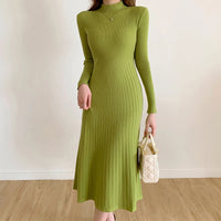 Autumn Winter 2023 Slim Long Sleeve Party Midi Dress for Women Knitted Half High Collar Elegant Knitted Sweater Dresses Ladies