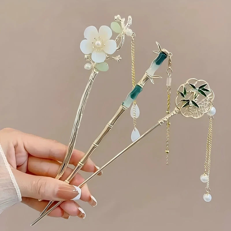 Elegant Chinese Style Hair Clip Tassel Hair Stick Traditional Floral Design Hairstyle Accessory Women Jewelry Hairpin Hairneedle