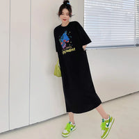 Harajuku Graphic White Long Dress Woman Clothing Y2k Casual Short Sleeve O-Neck Korean Fashion Summer Womens Loose Dresses 2024