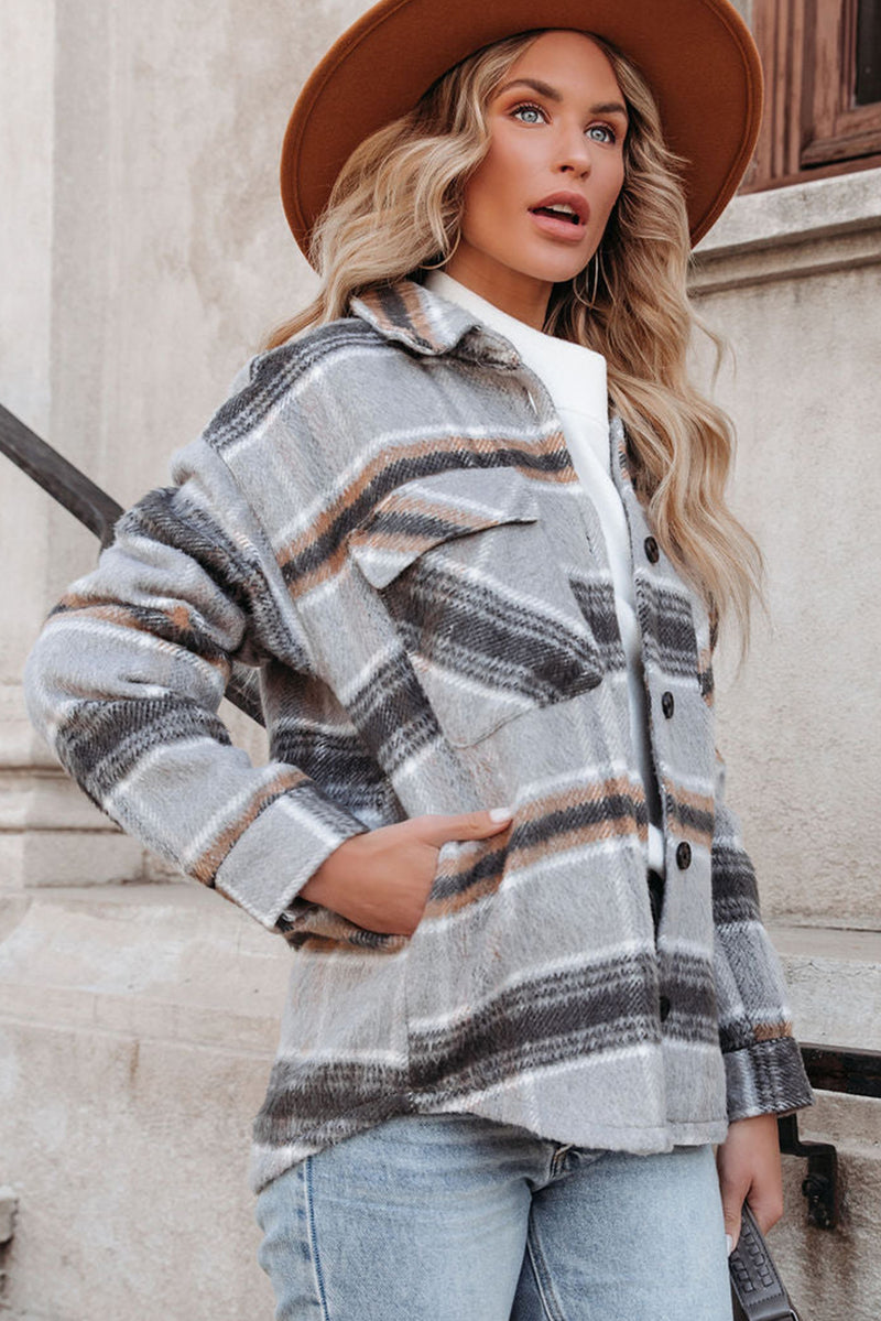 Gray Plaid Print Pocketed Shirt Jacket