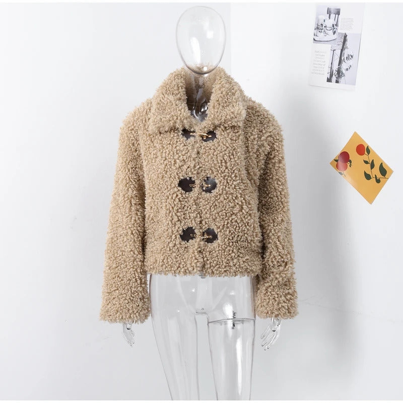 Casual Women's Short Fleece Coat Loose Lapel Leather Buckle Long Sleeve Female Jacket 2024 Autumn Winter Lady Warm Plush Outwear