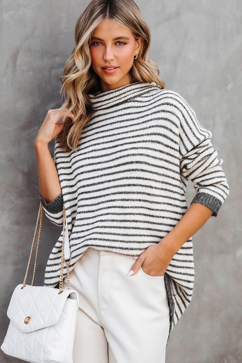 Khaki Striped Turtleneck Loose Sweater