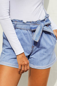 Light Blue Paper Bag Waist Denim Shorts