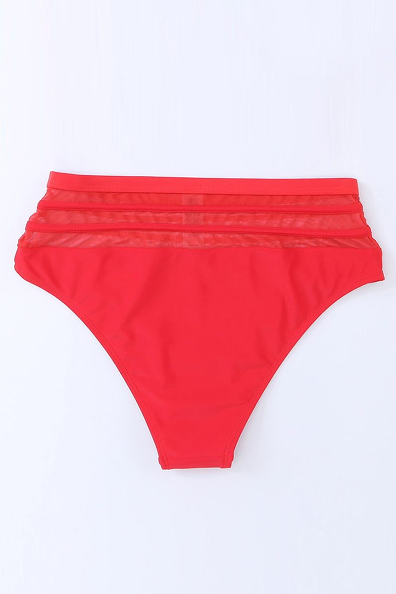 Fiery Red Mesh Striped High Waist Bikini Bottoms