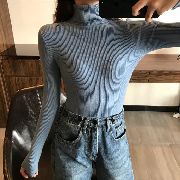 2024 Autumn Winter Thick Sweater Women Knitted Ribbed Pullover Sweater Long Sleeve Turtleneck Slim Jumper Soft Warm Pull Femme