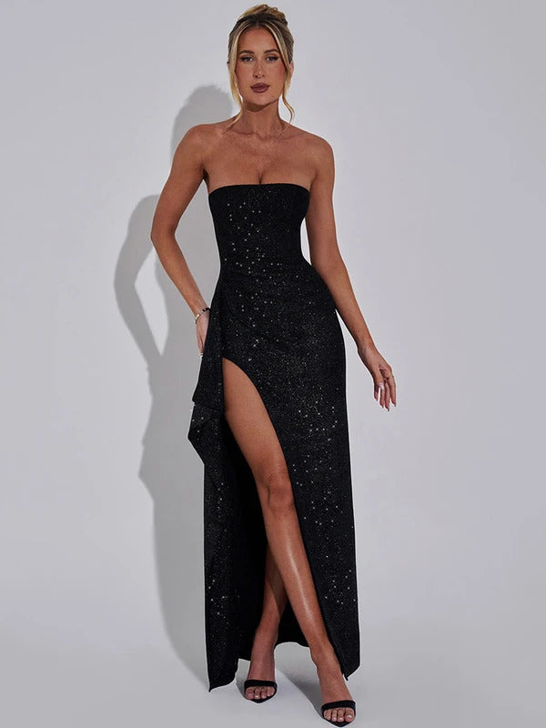 Mozision Sparkle Off-shoulder Sexy Maxi Dress For Women Strapless Backless Sleeveless Thigh High Slit Evening Long Dress Elegant