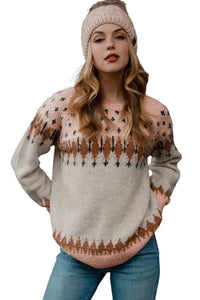 Multicolor Mixed Geometric Detail Raglan Sleeve Sweater