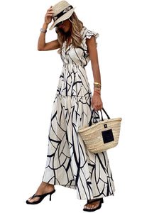 Abstract Vein Print V Neck Ruffle Maxi Dress