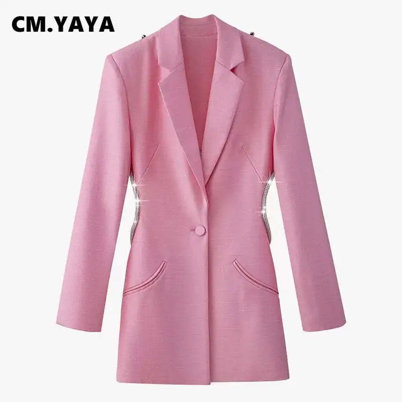 CM.YAYA Women Elegant Cutout Long Sleeve One Button Long Sleeve Notched Neck Blazer Street INS Splicing Blazers Outfits Tops