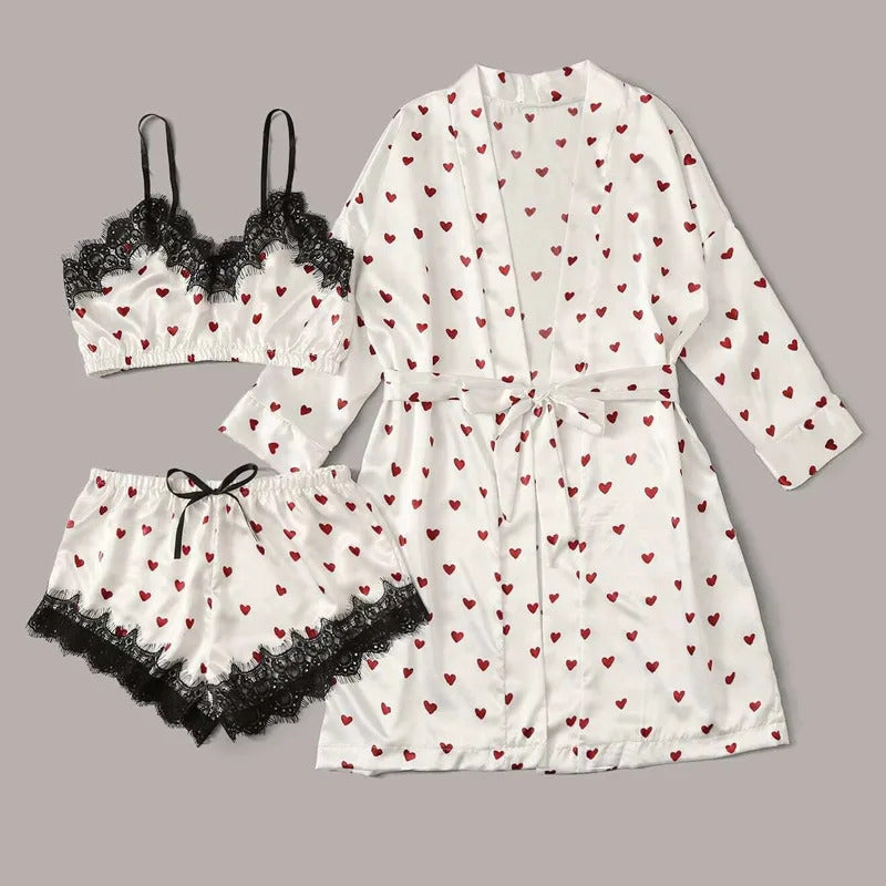 3Pcs/2Pcs Women Satin Ice Silk Pajama Set Heart Print Lace Sleeping Skirt Seamless Lingerie Homewear Pajama Shorts Set Sleepwear