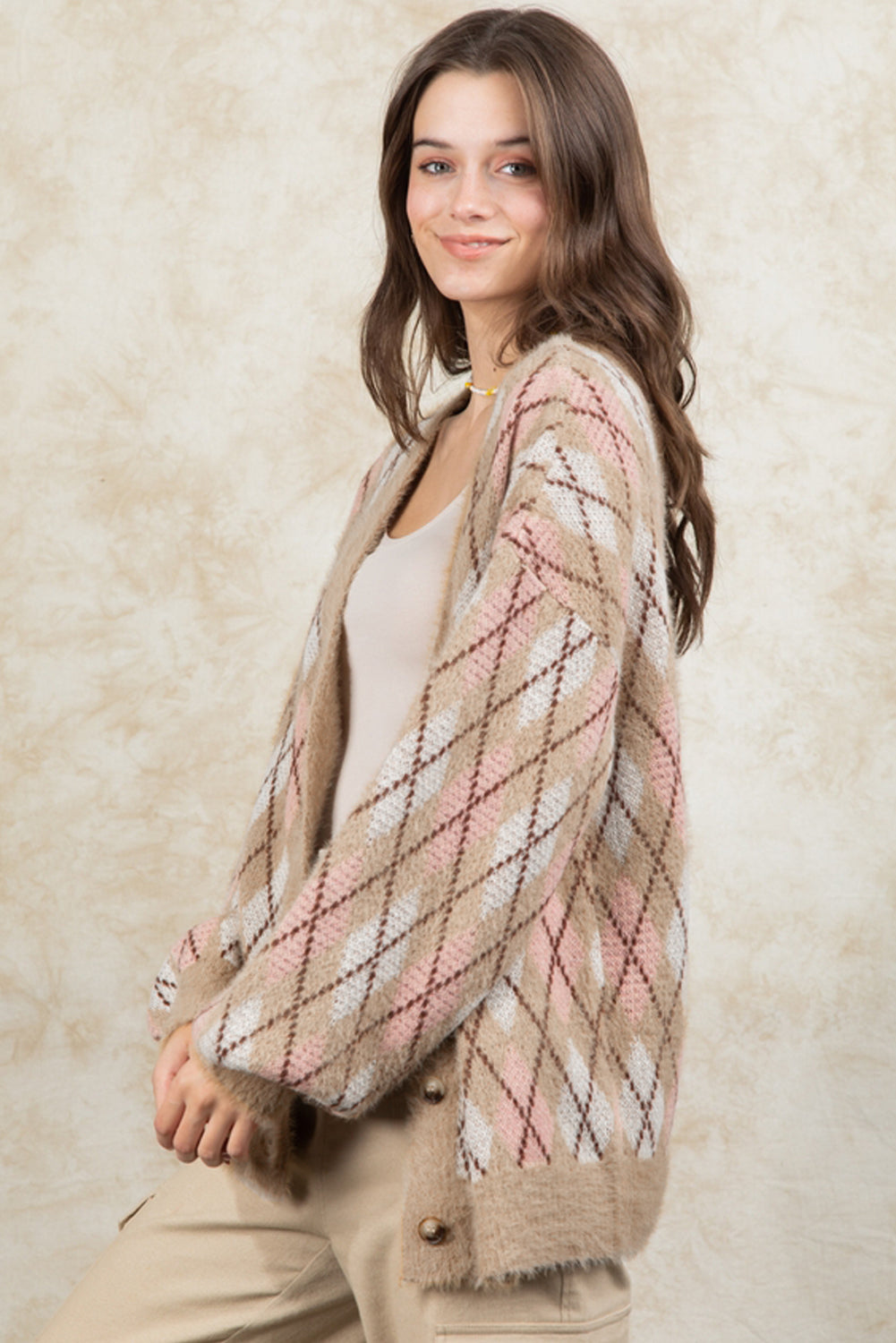 Multicolour Rhombus Pattern Knit Sweater Cardigan