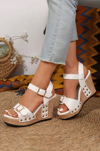 White Rivet Buckle Closure Wedge Sandals