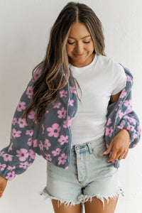 Multicolour Flower Zip up Sherpa Jacket