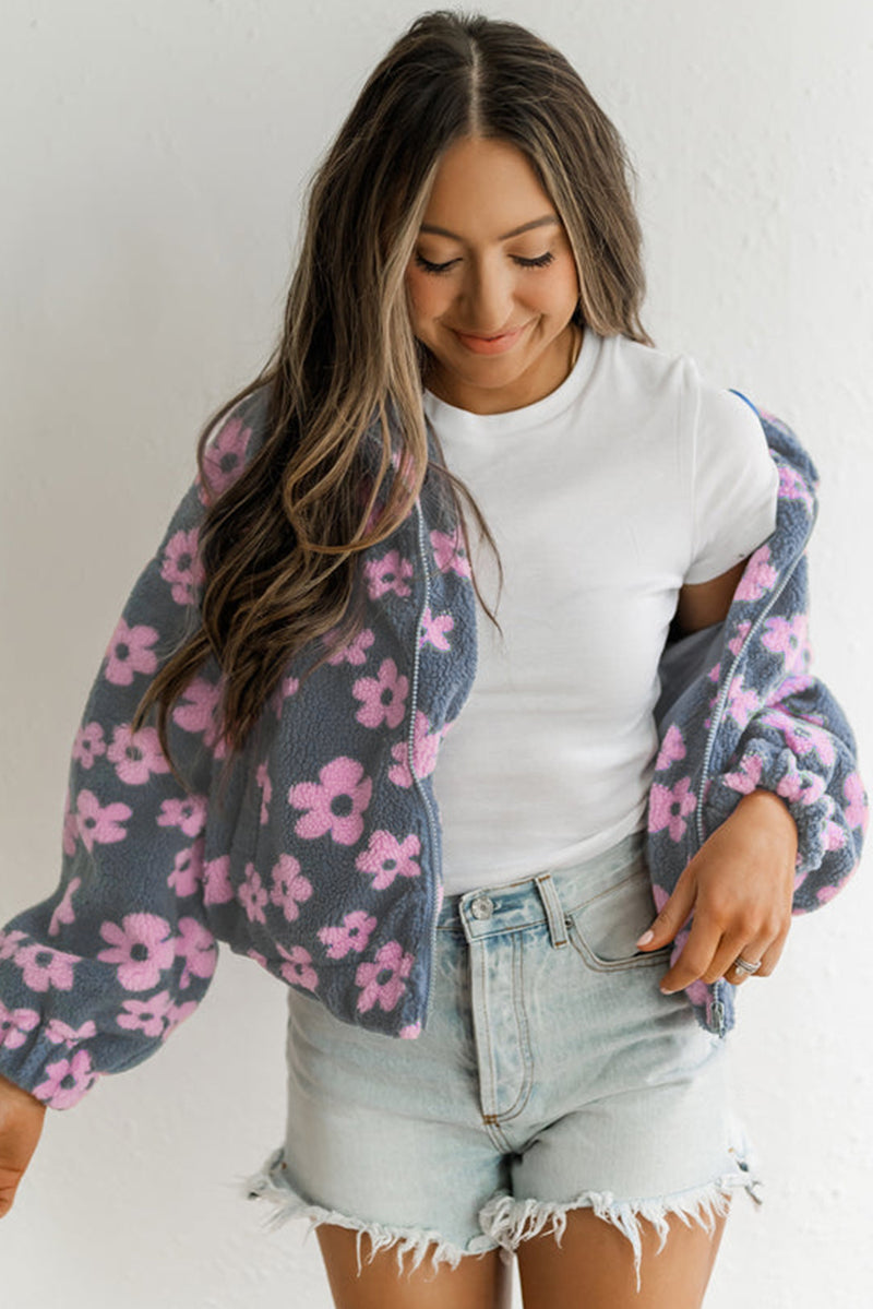 Multicolour Flower Zip up Sherpa Jacket