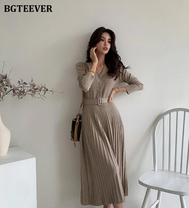 BGTEEVER Elegant V-neck Single-breasted Women Thicken Sweater Dress 2021 Autumn Winter Knitted Belted Female A-line soft dresses